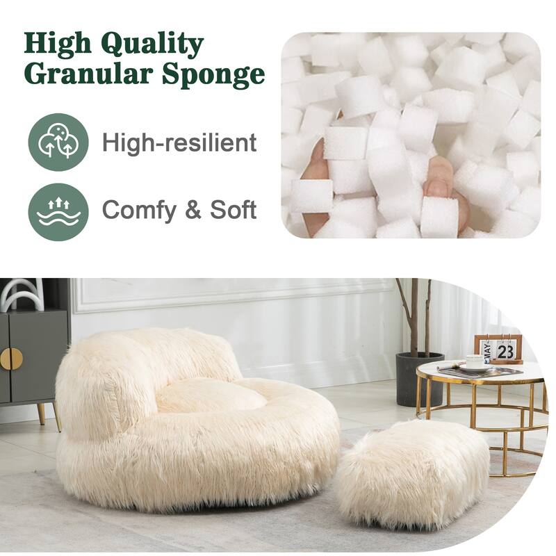 Plush Upholstered Round Comfort Lounger Bean Bag Chair with Ottoman