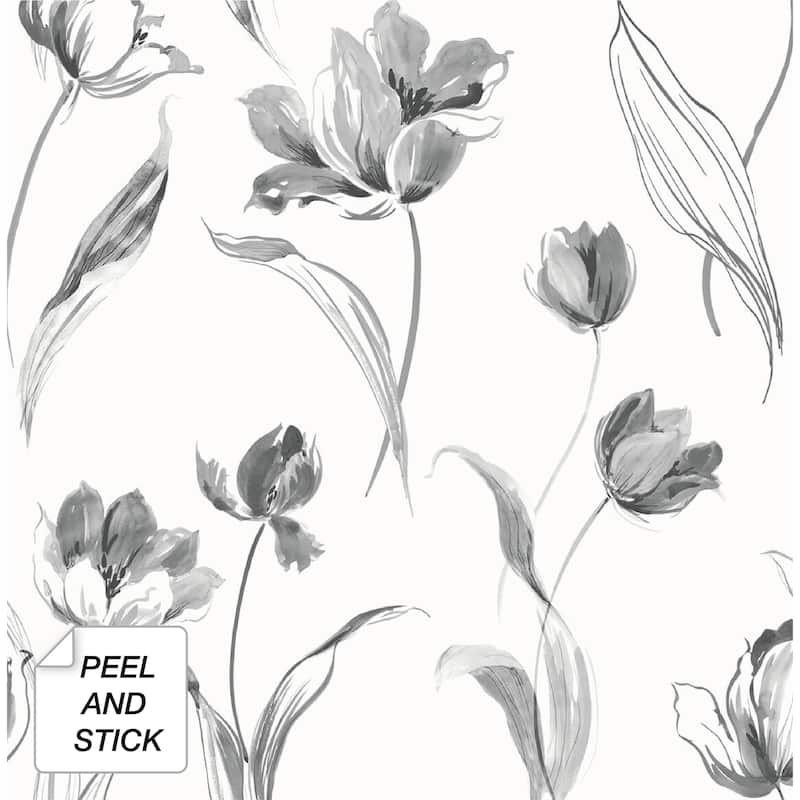 NextWall Tulip Toss Floral Peel and Stick Wallpaper - 20.5 in. W x 18 ft. L - 20.5 in. W x 18 ft. L - Black and White