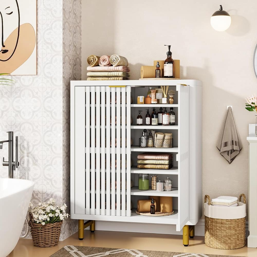 Wooden Bathroom Floor Cabinet, Adjustable Shelves Large Storage Sideboard Accent Cabinet for Bathroom Kitchen Living Room