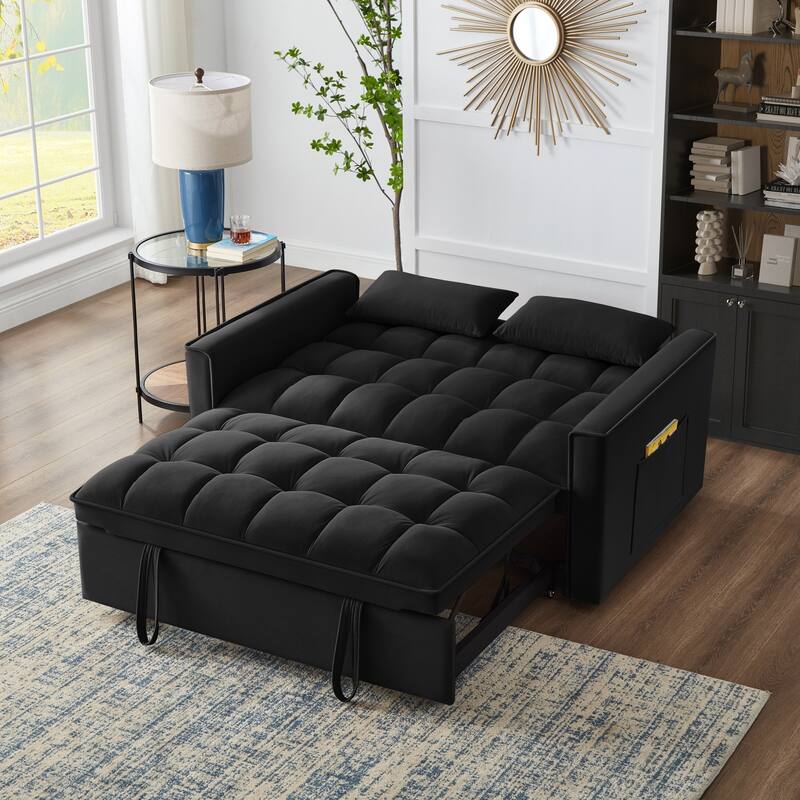 Tufted Loveseat with Pull-Out Bed, Armrests & Storage - Space-Saving Velvet Sofa