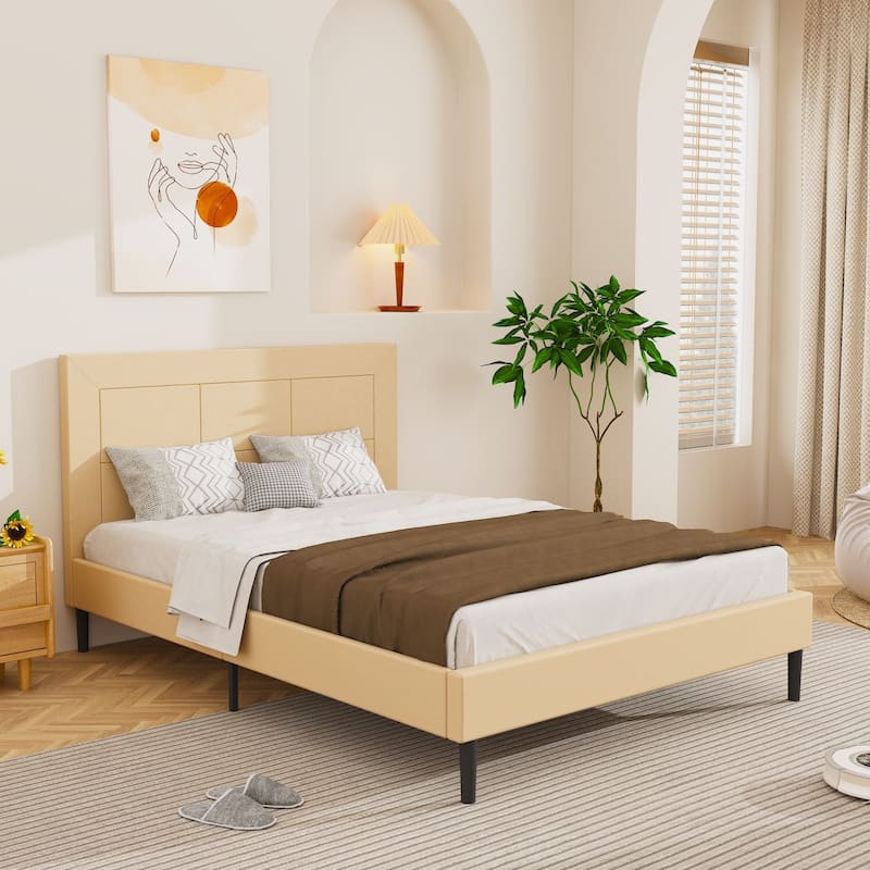 Queen Size Wood Slat Bed Frame with PU Leather Headboard