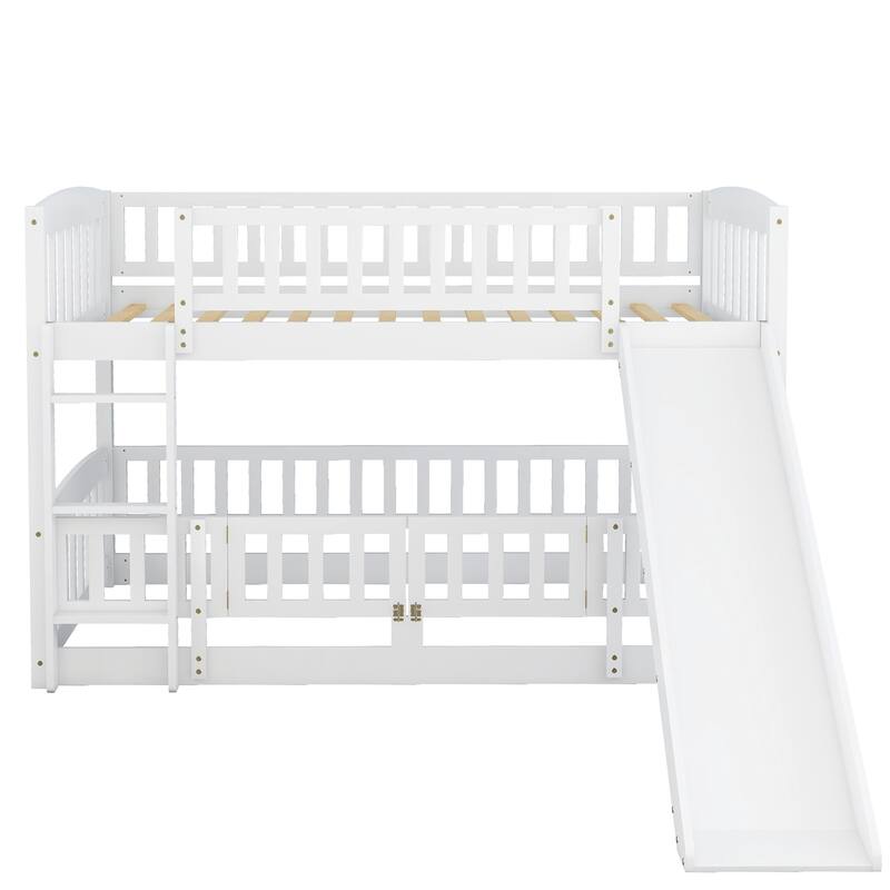 Twin-Over-Twin Bunk Bed with Slide Ladder & Slide, Solid Wood Low Bunkbed Frame w/Guardrail for Kids Teens, No Box Spring Needed