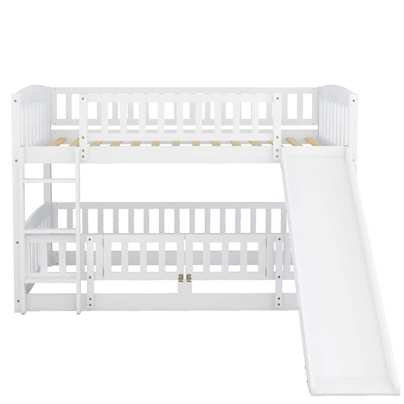 White Pine Wood Bunk Bed with Convertible Slide, Ladder, and Fence Door