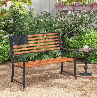 50" Outdoor Garden Bench w/ Flag Backrest & Rustic Wood Grain Finish
