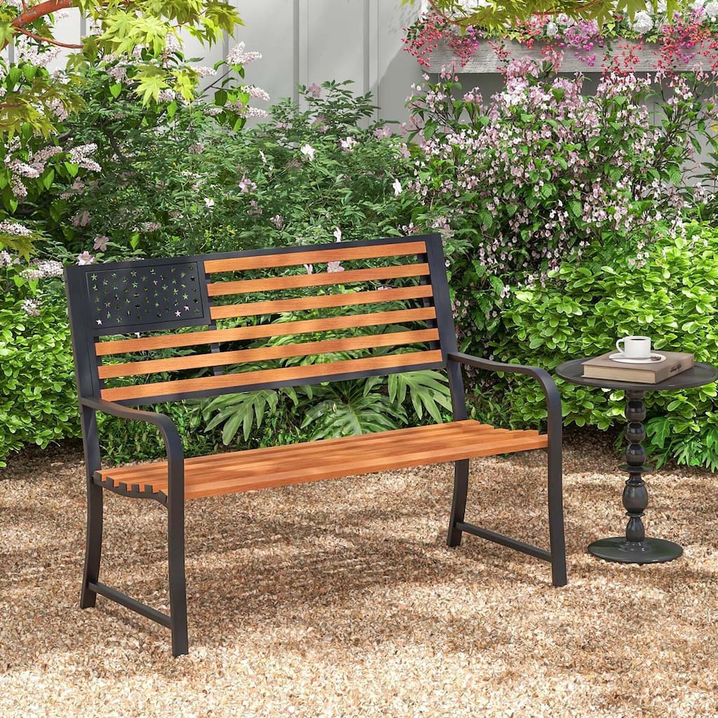 50" Outdoor Garden Bench w/ Flag Backrest & Rustic Wood Grain Finish