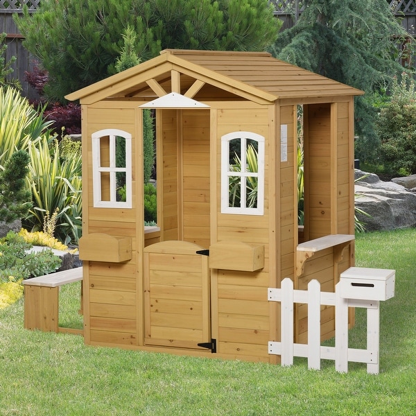 Outsunny Outdoor Playhouse for kids Wooden Cottage with Working Doors Windows & Mailbox, Pretend Play House for Age 3-6 Years. Opens flyout.