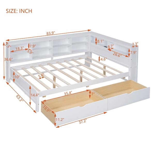 dimension image slide 1 of 2, 2 Color Wooden Full Size Daybed with 2 Drawers, Kids Bed with Storage Shelf and USB Charging Ports