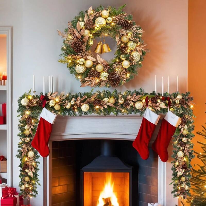 24 Inch Pre-Lit Artificial Christmas Wreath with Ball Ornaments and Bells