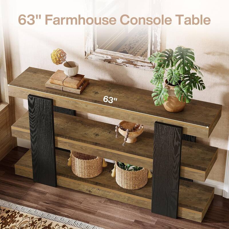 63-Inch Long Console Table, 3-Tier Entryway Table with Storage, Farmhouse Wood Behind Couch Tables