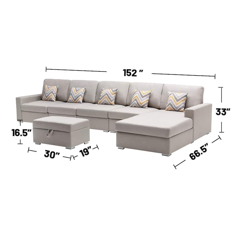 Linen Fabric 6 Piece Reversible Sectional Sofa Chaise with Interchangeable Legs, 5 Pillows and Storage Ottoman in Beige