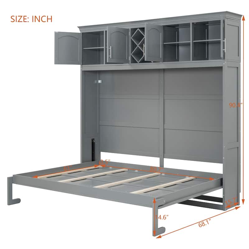 Queen Murphy Bed with Upper Cabinets and Wine Rack, Space-Saving Foldable Wall Bed with Slats