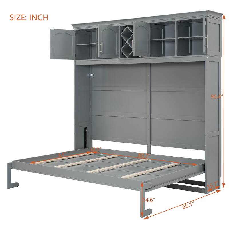 Queen Size Murphy Wall Bed with Top Cabinets & Wine Rack, Space-Saving Foldable Bed