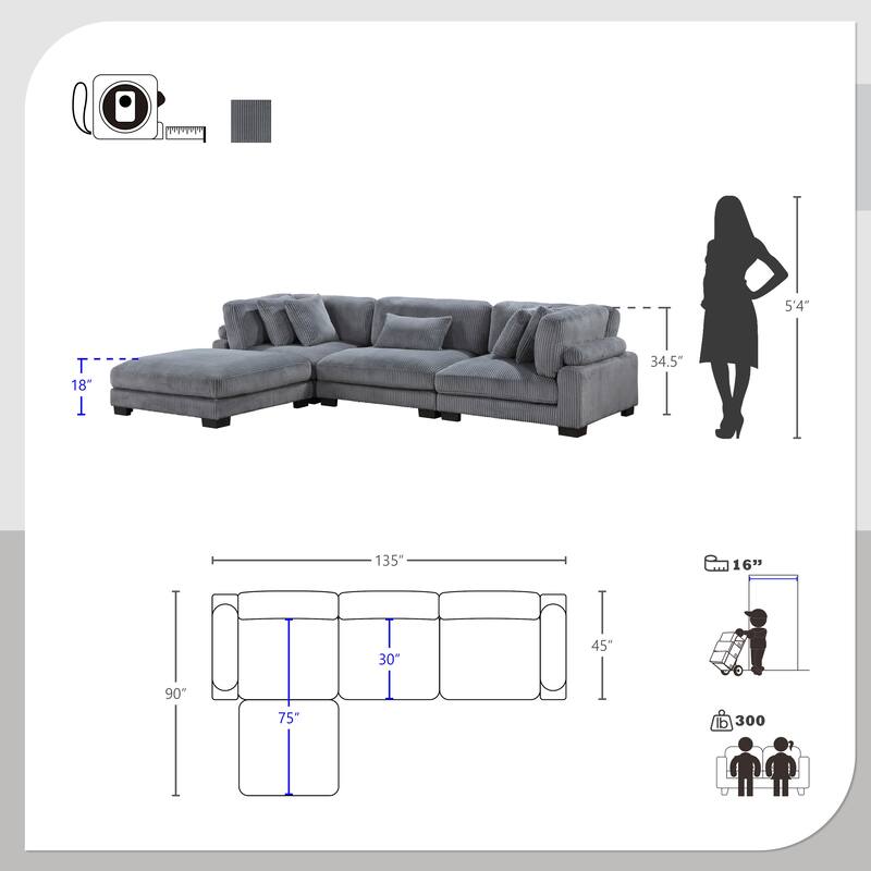 Braidy Corduroy 4-Piece Modular Sectional with Ottoman