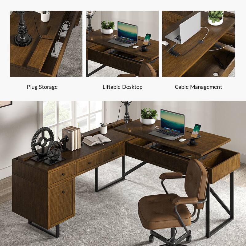 Alfons Industrial L-shaped Lift Top Cane Executive Office Desk with Drawers and Built-In Outlets by HULALA HOME