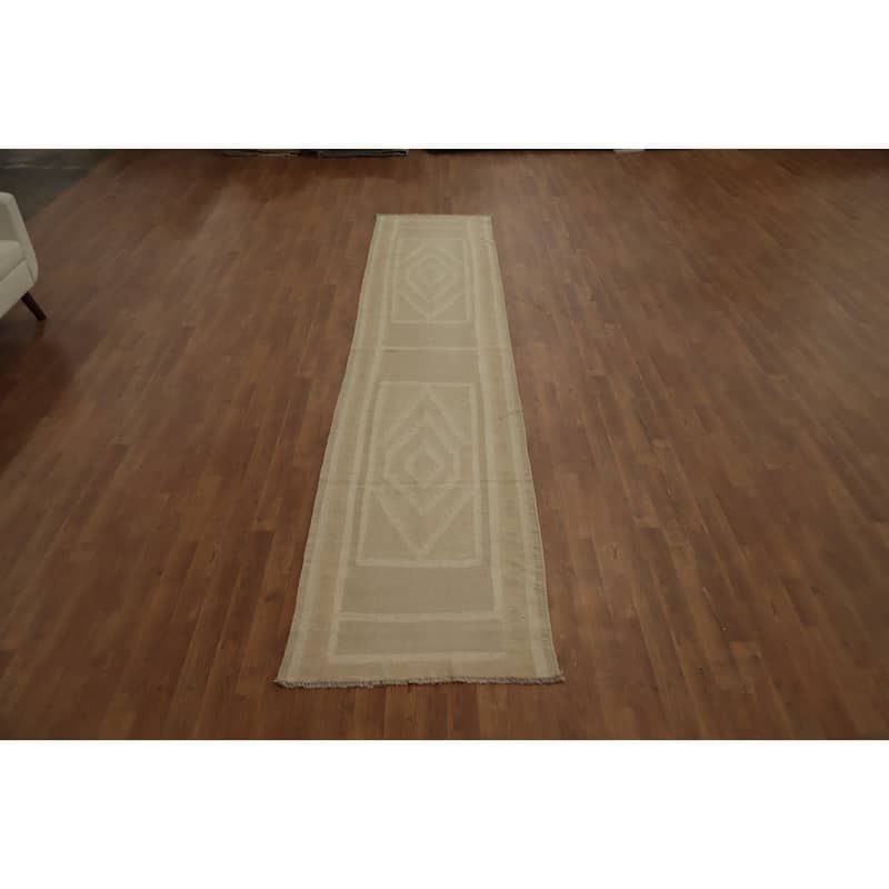 Hand Woven Oriental 100% Wool Carpet Southwestern Tribal Beige & Ivories Kilim Runner Rug - 12' 0'' X 2' 7''