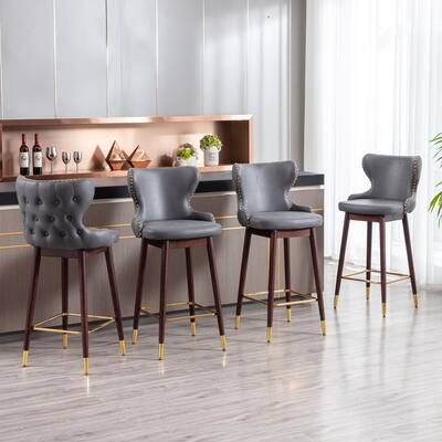 Vintage Fabric Bar Chairs Counter Stool for Kitchen Island 26" Side Chairs W/ Back Tufted Nailhead Decoration (Set of 2), Grey
