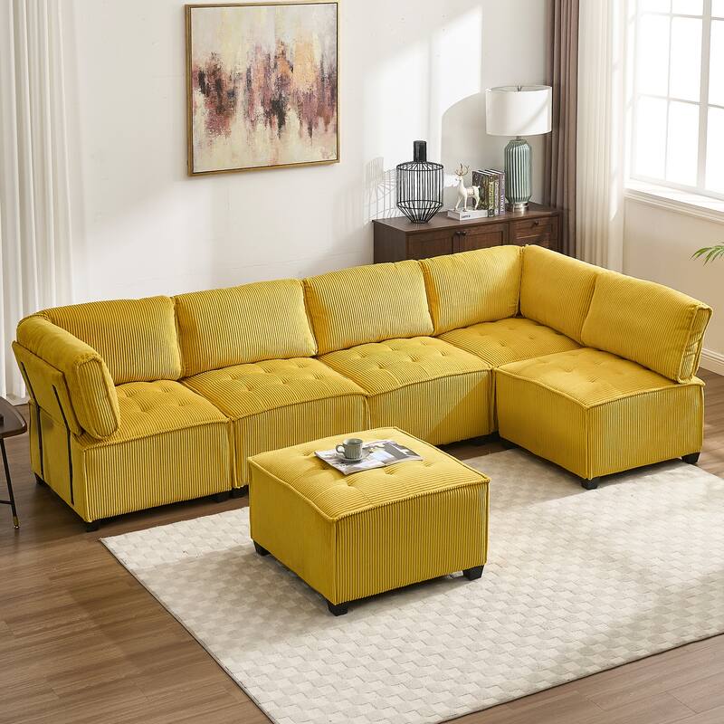 Ergonomic Lounge Modular Couch Corduroy Sectional Sofa with Deep Seat Ottoman Chaise and High-Rebound Thick Cushions