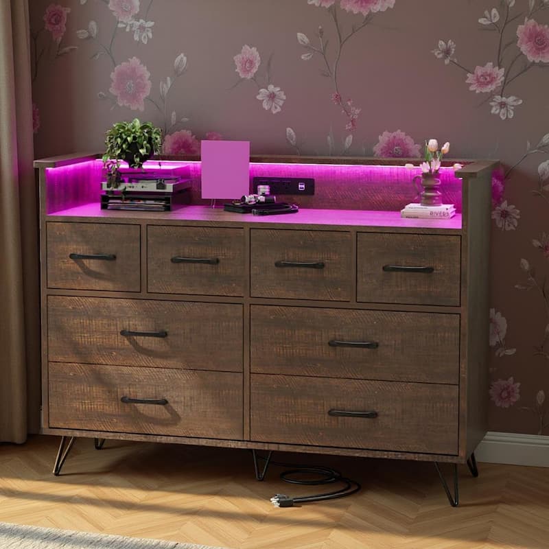 8 Drawer Wood Dresser, with Power Outlet and LED Lights - Antique Dark Color