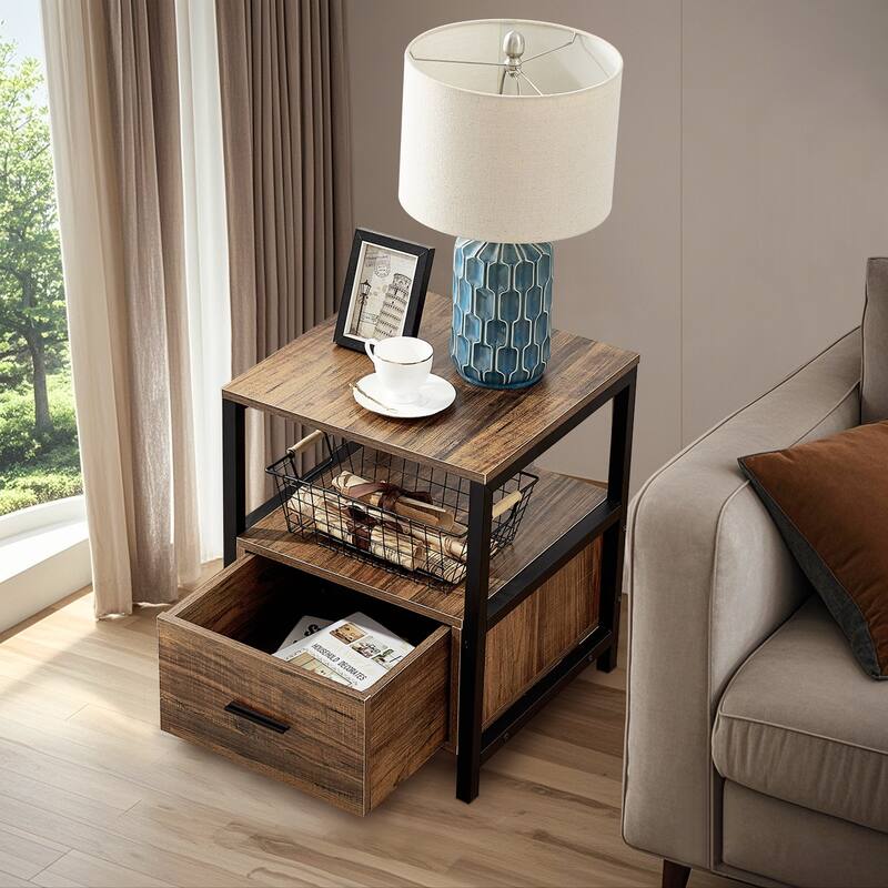 VECELO Nightstand Set of 1/2, Modern Square Side End Table, Living Room, Study Metal Frame