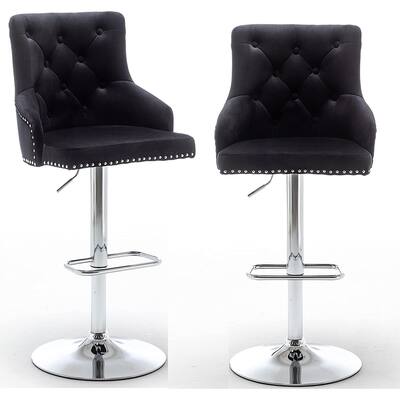 Black Tufted Nailhead Trim Upholstered 25" - 33" Adjustable High Back Dining Stool Bar Chairs, Barstools Set of 2