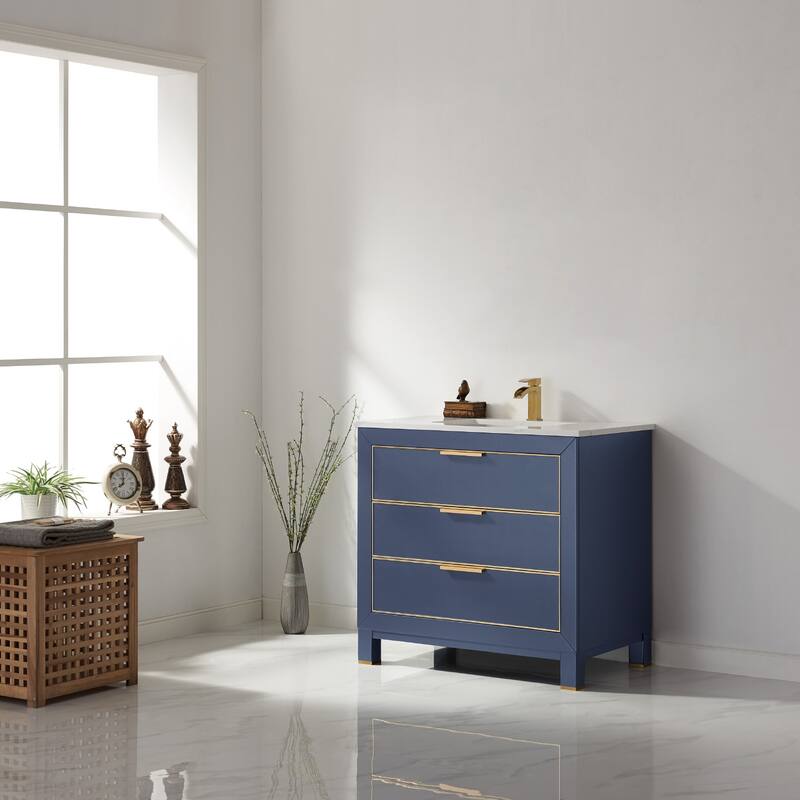 Altair Jackson Single Bathroom Vanity Set in Royal Blue and Aosta White Stone Countertop - 36
