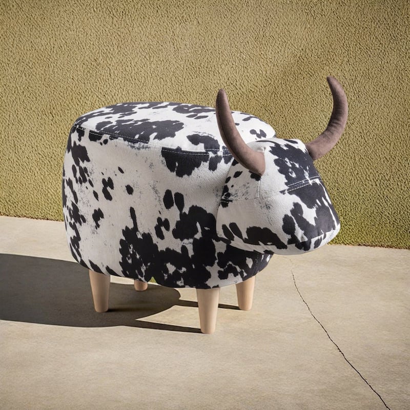 Cow Animal Shape Kids Ottoman, Cute Wood Foot Stool Shoes Changing Seat & Cushioned for Adult Living Room, Bedroom, Playroom
