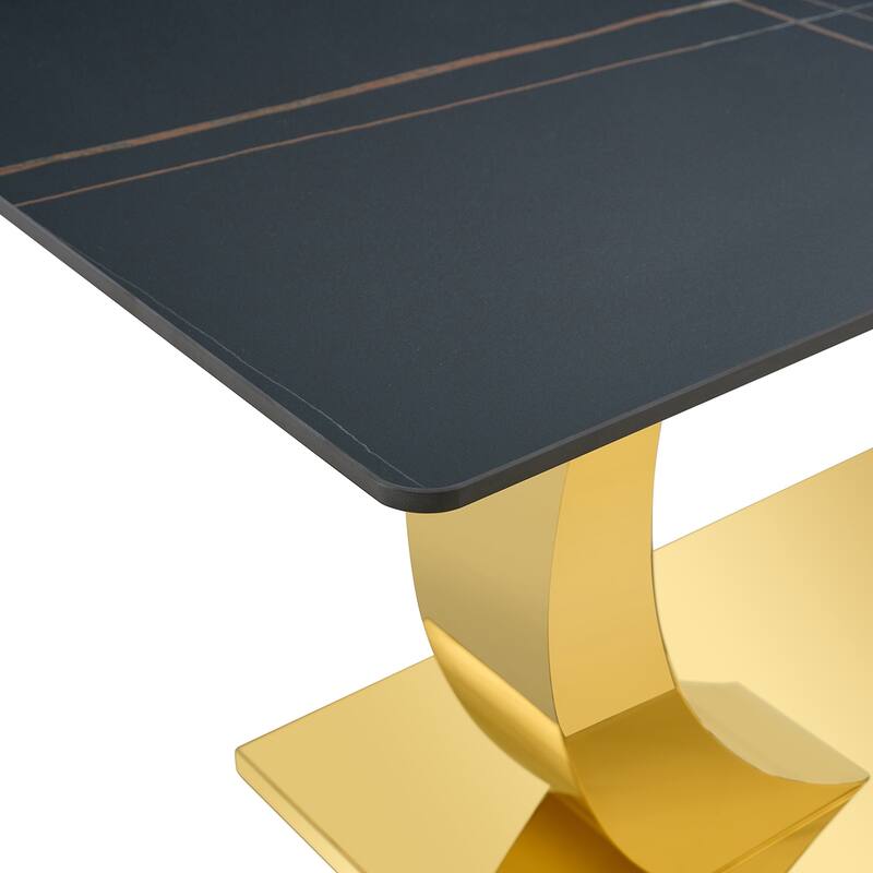 Black Texture Dining Table Set with O-Shaped Legs, PU Leather Chair with C-shaped Bases, Scratch-Resistsnt, Anti Slip Feet