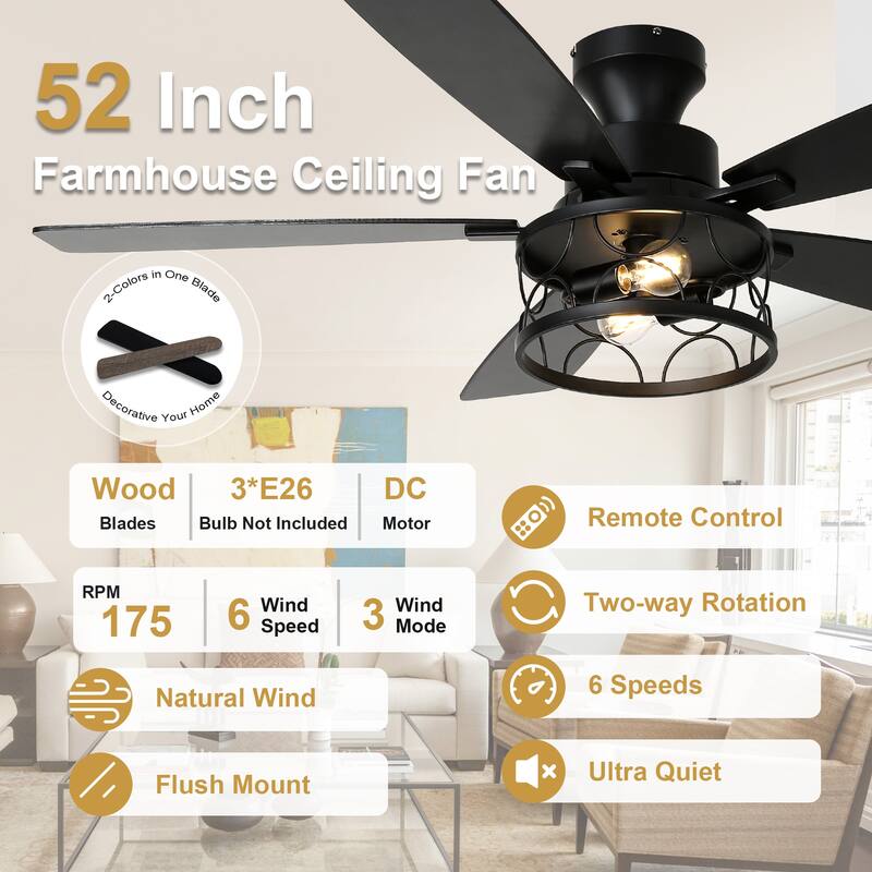 Cusp Barn 52 Inch Farmhouse Flush Mount Ceiling Fan with Lights and Remote, Industrial Low Profile Black Caged Ceiling Fan
