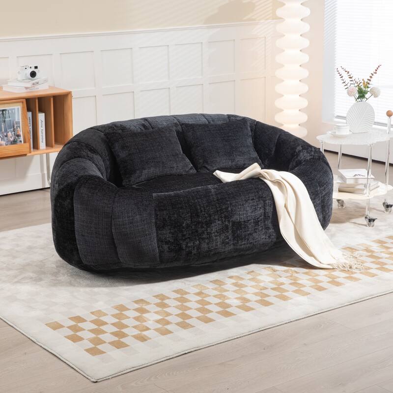 Modern Chenille 2-Seater Bean Bag Chair with 2 Pillows - Black