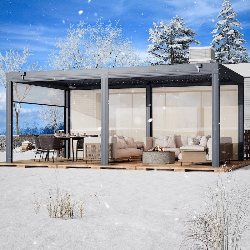 EROMMY Outdoor Louvered Pergola Gazebo with Adjustable Aluminum Rainproof Roof and Pull-Down Screen - 12' x 20' - Grey