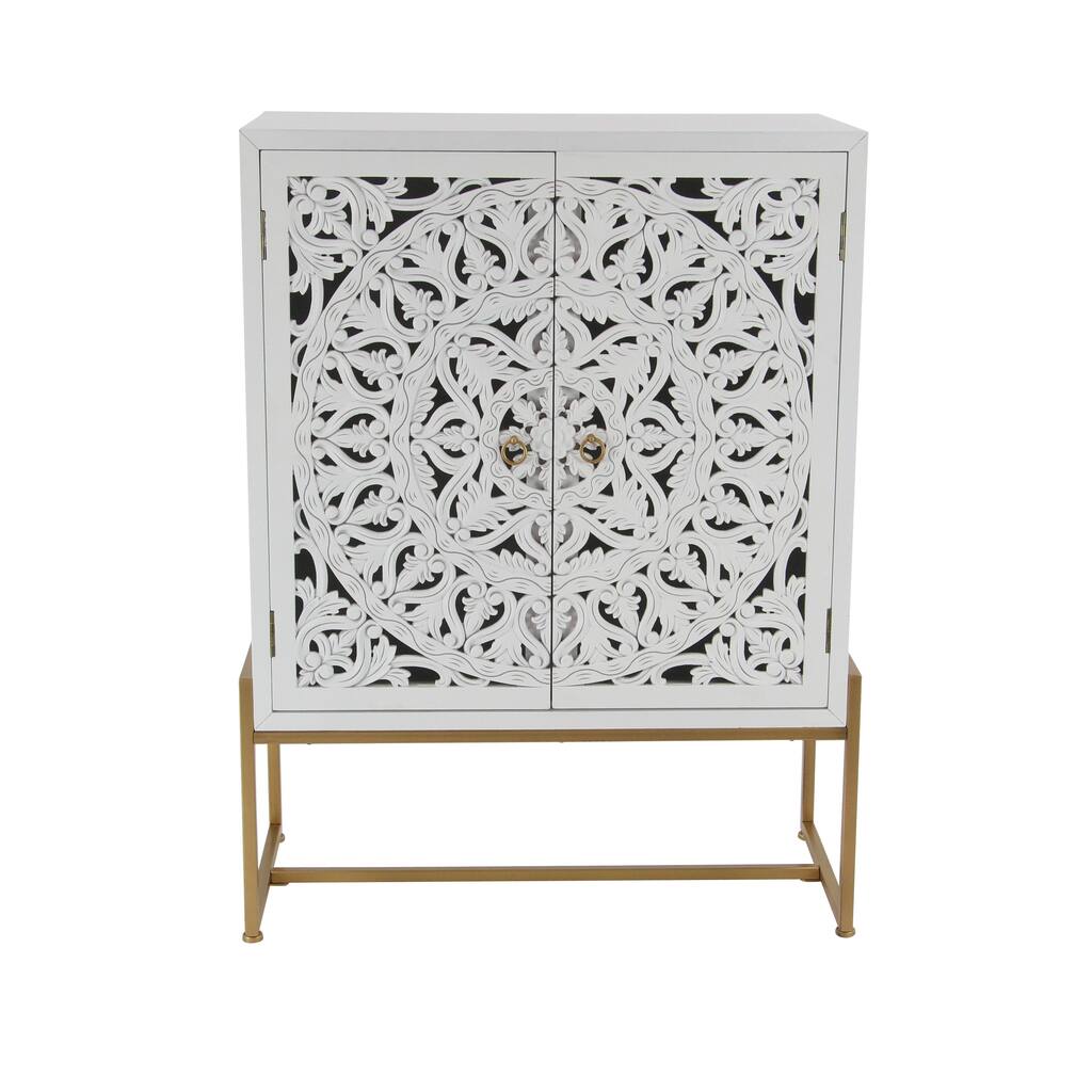 Wood Floral Intricately Carved 1 Shelf and 2 Doors Room Cabinet - White - Roche River Decor