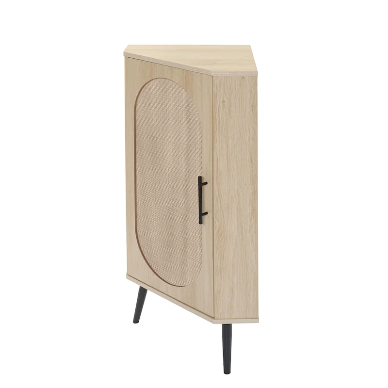 Roomfitters Corner Cabinet with Rattan Door, Freestanding Storage Shelf Stand for Small Spaces