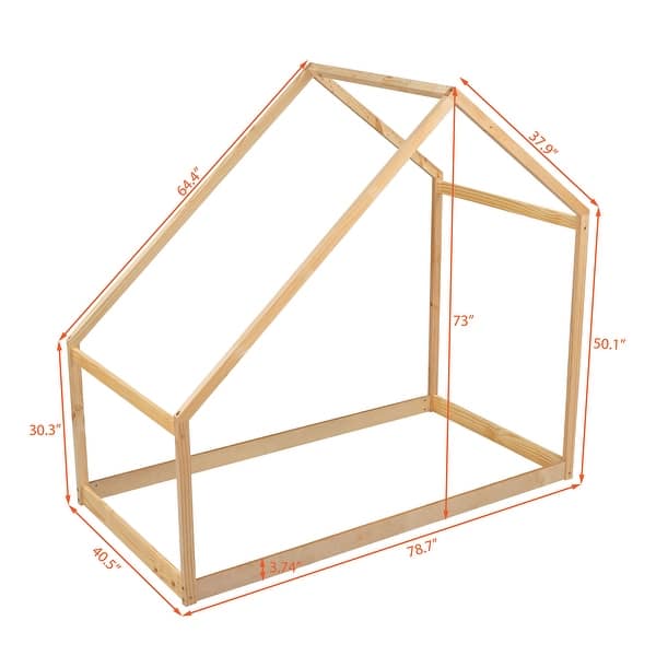 dimension image slide 1 of 6, Wooden Twin/Full Bed Frames with Roof, Montessori House Shaped Floor Bed for Kids Girls Boys, Sturdy Framework, Easy Assembly
