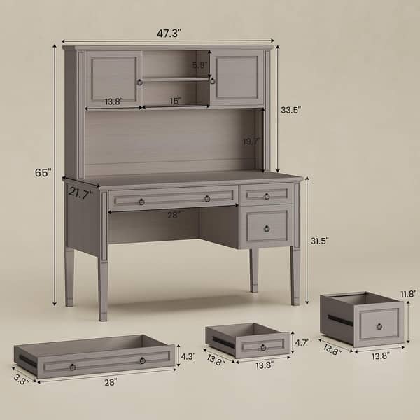 dimension image slide 19 of 30, Farmhouse Executive L Shaped Desk Home Office Desk with Drawers and Storage Cabinet & Power Outlet