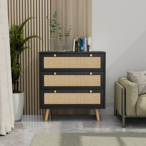 Anmytek Black 3-Drawer Chest of Drawers with Pine Wood Legs Farmhouse Rattan Dresser Black Cabinet 31.5 in W. x 36 in H.