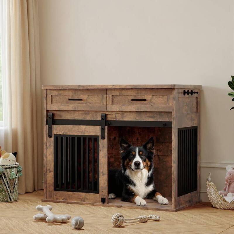 44.5'' Dog Crate Furniture, with Sliding Barn Door - Rustic Brown
