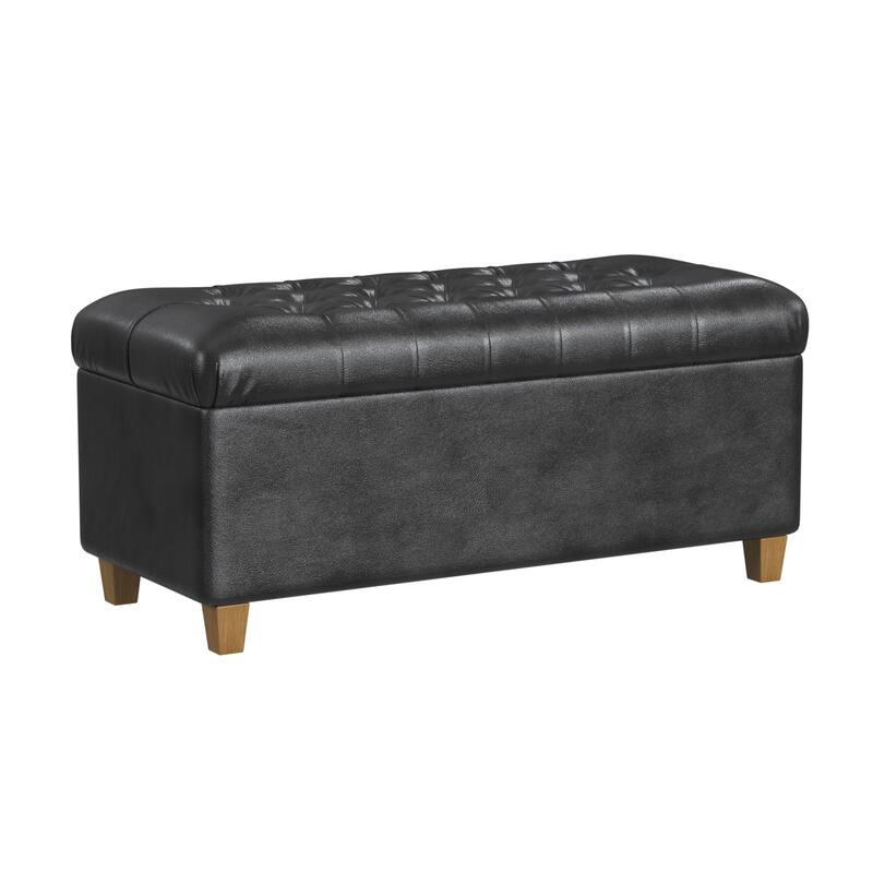 Bea Storage Ottoman Bench with Tufted Black Faux Leather, 40 Inch