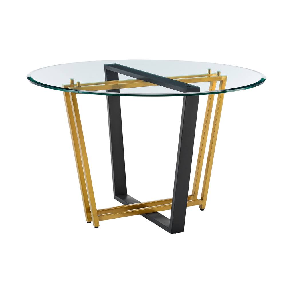 Sanaya Dining Table, 48 Inch Glass Top, Gold Steel, Black Iron - Gold, Black, Clear
