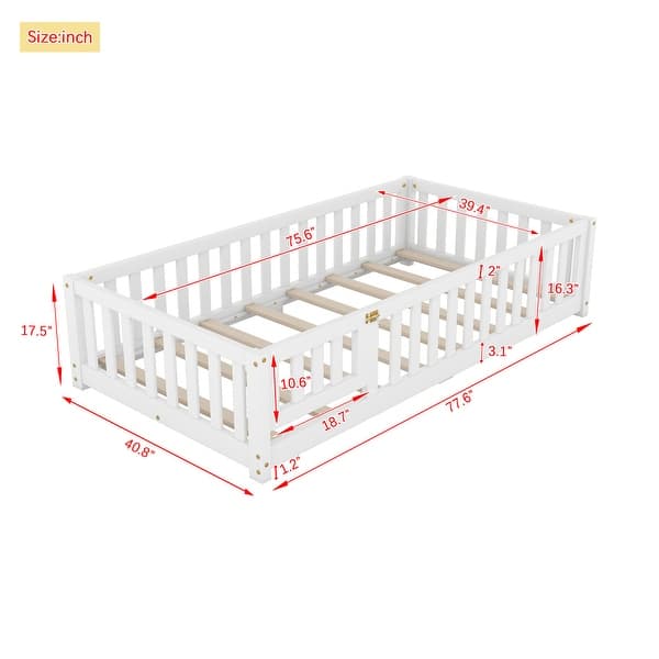 dimension image slide 1 of 7, Modern Floor Bed with Safety Guardrails and Door, Suitable for Kids