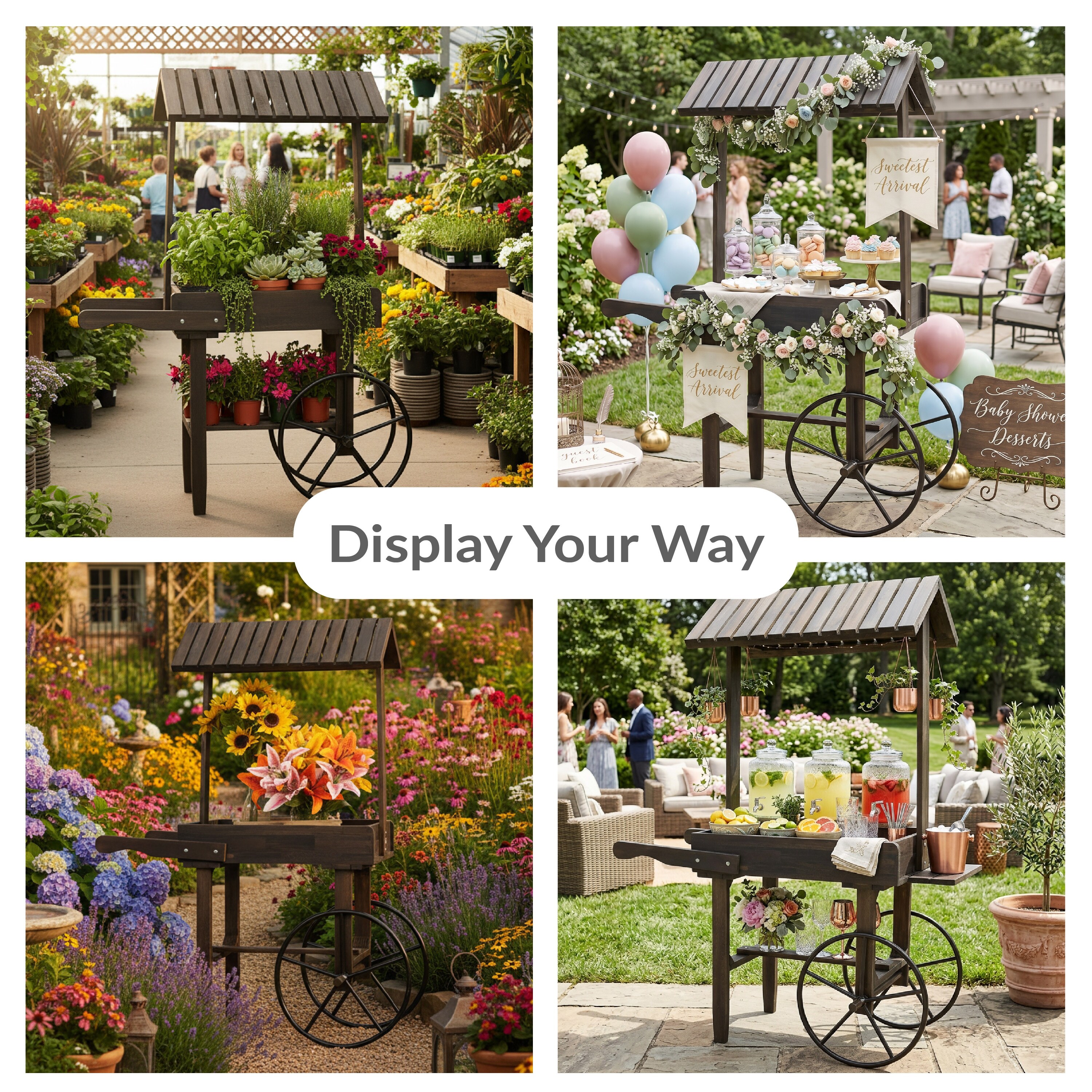 Sunnydaze Rustic, Vintage Flower Cart Display Stand with Wheels