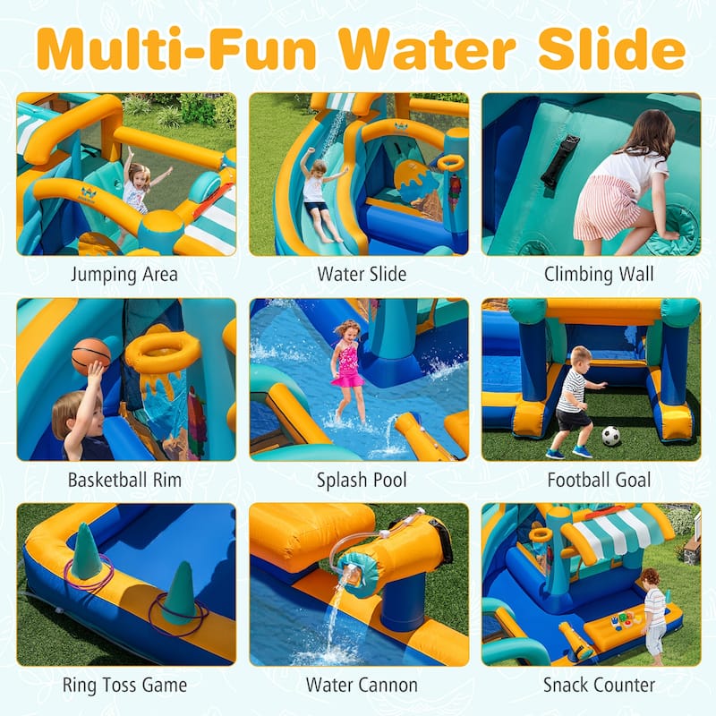 Ice Cream Party Bounce House with Slide and Jumping Area Water Cannon Basketball Football Ring Toss - 149” x 144” x 80”