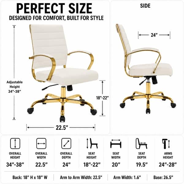 dimension image slide 4 of 6, Benmar Ribbed PU Leather Office Chair - Ergonomic Swivel Desk Chair - Chrome Gold Steel Base Executive Computer Seat