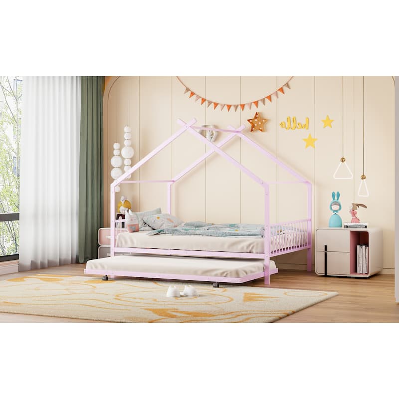 Full Size Metal House Bed with Twin Size Trundle