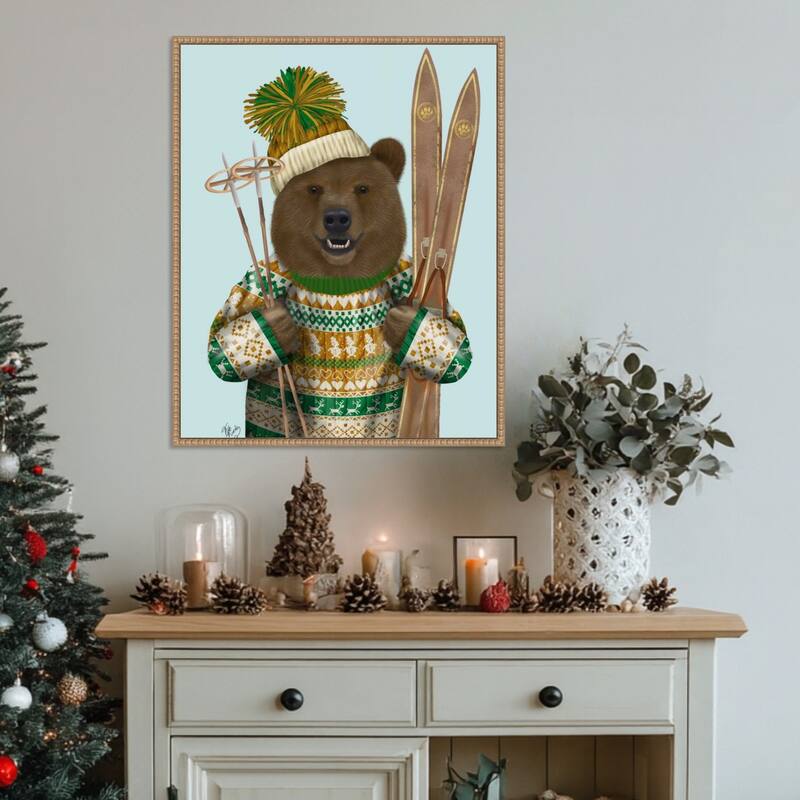 Bear in Christmas Sweater by Fab Funky (23 x 28 in.), Framed Canvas Wall Art Print - Sylvie Beaded Rustic Natural