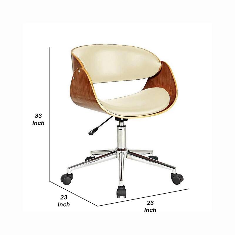 Beige Faux Leather Office Chair with Wood Frame, 360 Swivel Seat, Chrome Base and Rolling Wheels