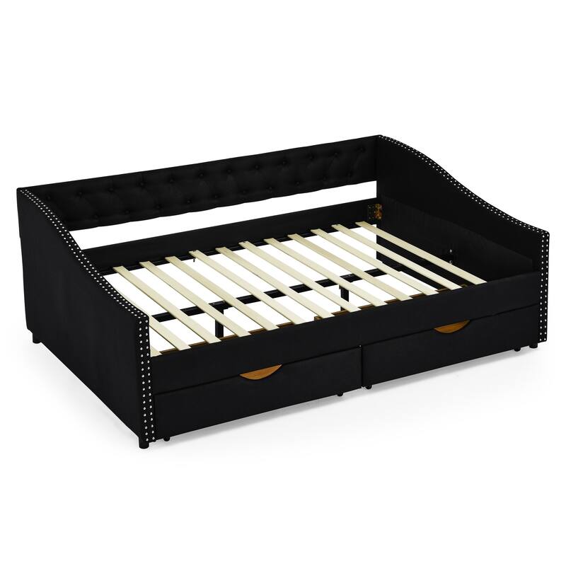 Daybed with Drawers Upholstered Tufted Sofa Bed, with Copper Nail