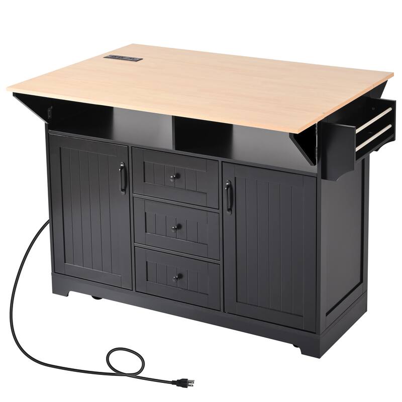 55.7" Large Kitchen Island with 2 Drop Leaf, on 5 Wheels with Power Outlet, Dining Table with Spice Towel Rack, 3 Drawers
