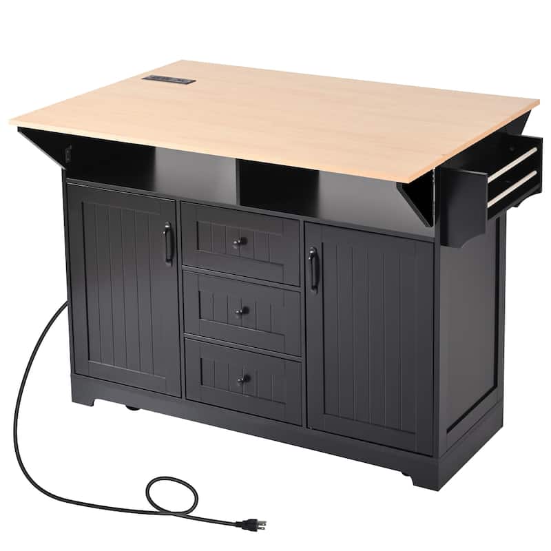 55.7''Kitchen Island,2 Drop Leaf,Rolling Kitchen Cart on 5 Wheels,Power Outlet,Folding Dining Table,Spice & Towel Rack,3 Drawers
