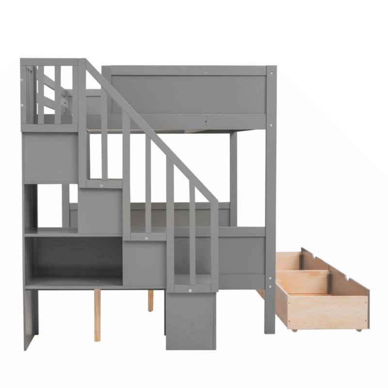 Twin over Full Bunk Bed with Shelfs, Storage Staircase and 2 Drawers