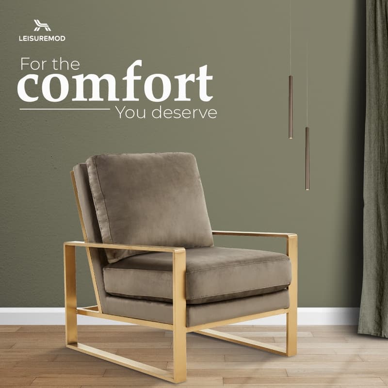 Jefferson Modern Velvet Accent Chair with Brushed Gold Frame, Removable Cushions, and Floor Protectors for Living Room or Office